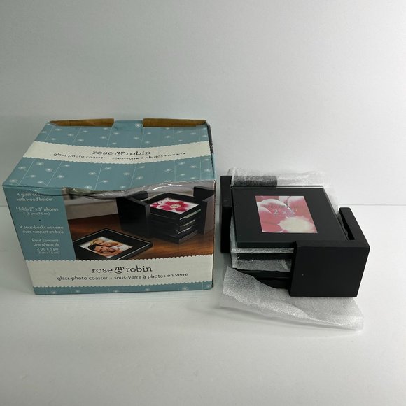 Set of 4 Glass Photo Coasters with Wood Holder - Picture 2 of 4